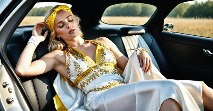 ((masterpiece)), ((Best quality)), 8K, HD, Super Detail, (Woman), (White dress with yellow gold headbands), (Golden hair shawl scattered), (Expression of closed eyes) (sleep in car 1.6) (Full body show 1.4) Картина-masterpiece, With the best quality and su...