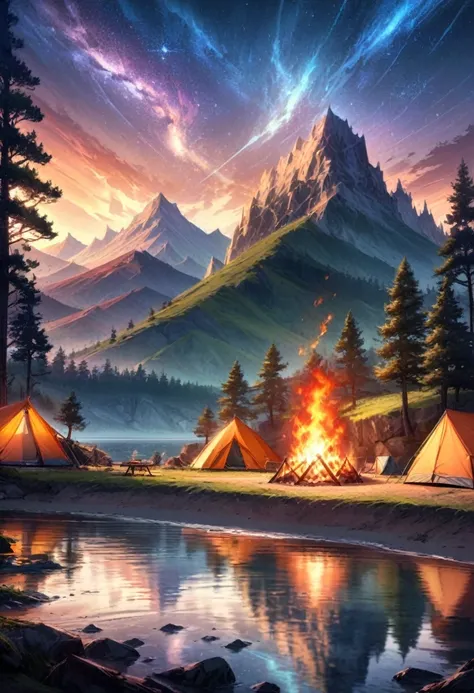 outdoor camping, (A beautiful sky, silhouette of a campsite, roaring fire, tent, on the shore by reflective crystal clear water, silhouettes of trees mountains, valleys, reflective clear water:2.6), hyperdetailed, color gradient, deep color, complementary ...