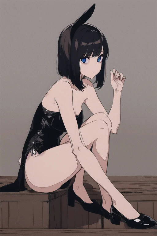 Woflcut short black hair, blue eyes, bunny girl outfit, full body potrait. Sitting