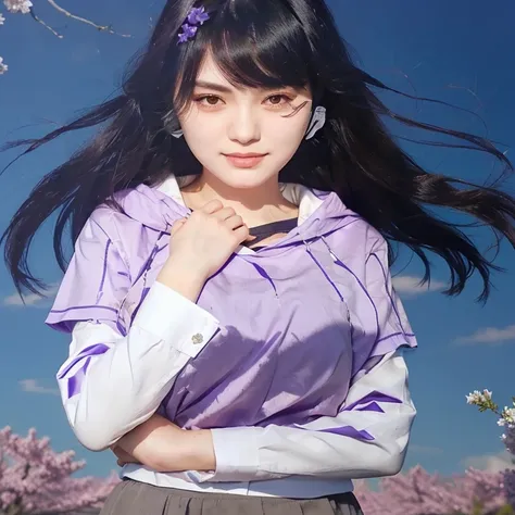 1 girl with long black hair and a purple shirt stands in front of a flowering tree