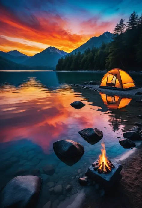 outdoor camping, (A beautiful sky, silhouette of a campsite, roaring fire, tent, on the shore by reflective crystal clear water, silhouettes of trees mountains, valleys, reflective clear water:2.6), hyperdetailed, color gradient, deep color, complementary ...