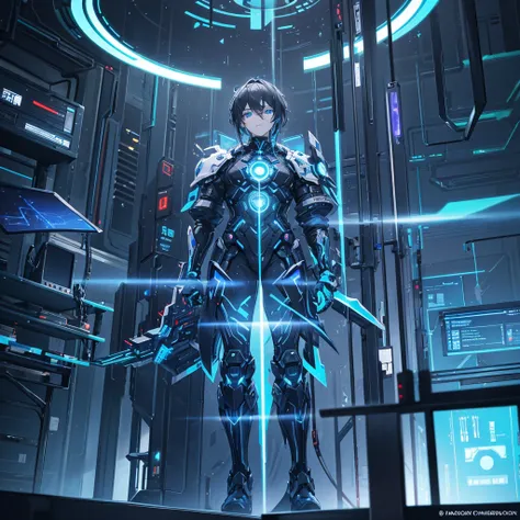 In a futuristic and high-tech laboratory, a 25 year old young guy with striking, glowing blue eyes and tousled dark hair stands confidently at the center. The individual is dressed in a black, futuristic outfit adorned with charismatic glowing blue accents...