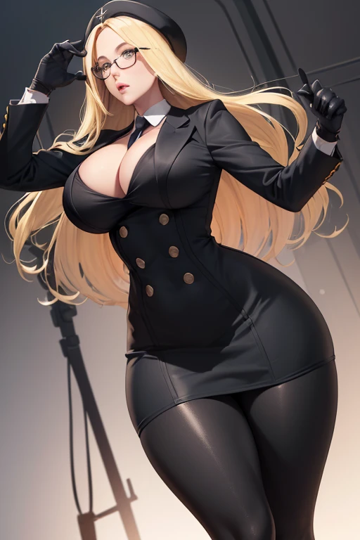 masterpiece, best quality, (((Large Breasts、Breast sagging、Low-cut，Cleavage，Wide hips,)))((Long legs)),Hourglass figure))Blonde Hair, Kolin, Glasses, Black shiny skirt suit, (((3-piece-suit))), tie, Casual suits, suit, Vest, tight skirt, snow, Gray sky, Bl...