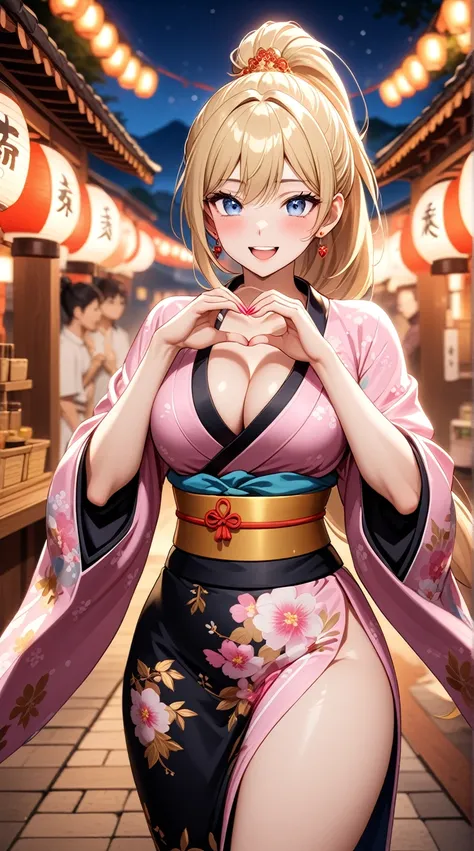 ((One woman)), Beautiful Face,Happy and joyful,Blushing,Laughing with your mouth open,Glossy Lips,Abstract, night,Shrine festival stalls, ((Anime style background)),masterpiece, highest quality, so beautiful, up to date, Complex details, (Pink long nails),...