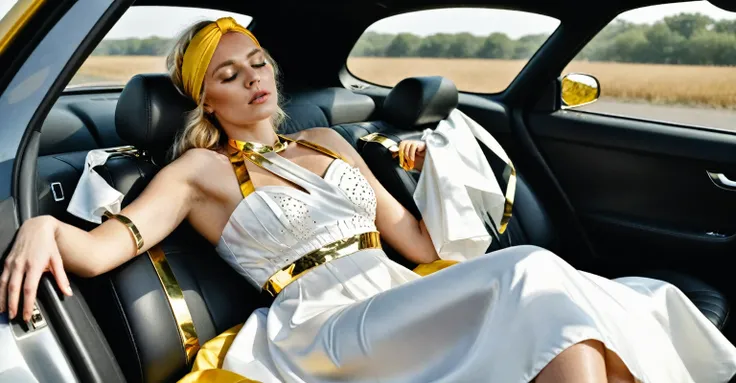 ((masterpiece)), ((Best quality)), 8K, HD, Super Detail, (Woman), (White dress with yellow gold headbands), (Golden hair shawl scattered), (Expression of closed eyes) (sleep in car 1.6) (Full body show 1.4) Картина-masterpiece, With the best quality and su...