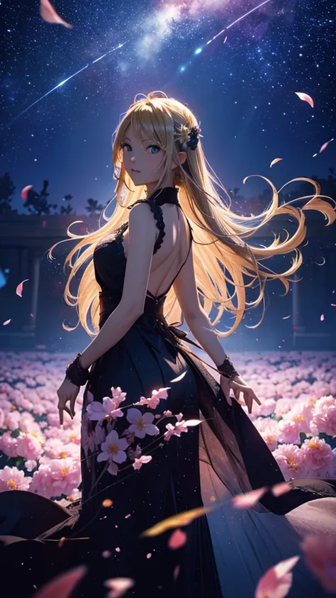 １people々々々々々々,Blonde long-haired woman，Dress Silhouette，Diva，Dancing silhouette，dance， Rear View，Space Sky, Flower Field，Colorful flowers，Fluttering petals，