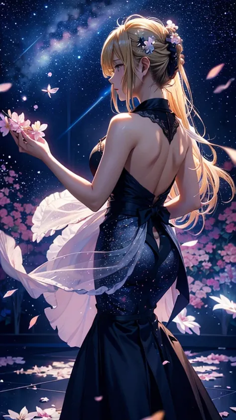 １people々々々々々々々,Blonde long-haired woman，Dress Silhouette，Diva，Dancing silhouette，dance， Rear View，Starry Sky，milky way，Space Sky, Flower Field，Colorful flowers，Fluttering petals，