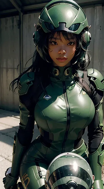 Highest image quality, outstanding details, ultra-high resolution, (realism: 1.4), the best illustration, favor details, highly condensed 1 African American girl, with a delicate and beautiful face, dressed in a black and green mecha, wearing a mecha helme...