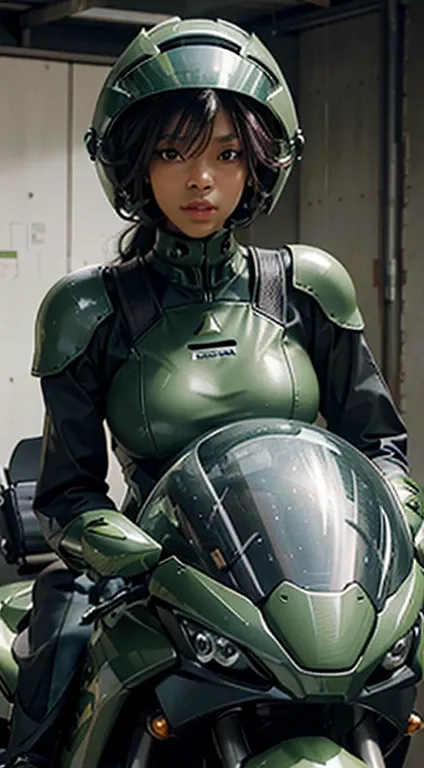 Highest image quality, outstanding details, ultra-high resolution, (realism: 1.4), the best illustration, favor details, highly condensed 1 African American girl, with a delicate and beautiful face, dressed in a black and green mecha, wearing a mecha helme...