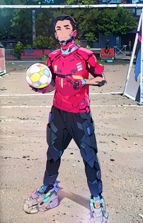 1 man, standing, neon city background, red eyes, wearing black armor with neon straps, holding neon soccer ball, holding blue ball