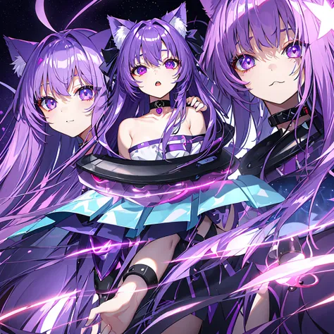 (highest quality)、(Abstract、Surreal)、(((cute)))、 ((Shiny purple straight long hair、Girl with dark purple hair))、(Detailed eyes glowing light purple)、Hair colour dark purple、Cat ear、choker 、Browsing Caution