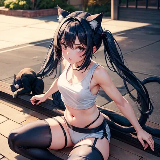 A girl with dark blue hair, cat ears and a tail, wearing a tank top and racing pants.　Loli body type　Spreading legs　Twin tails