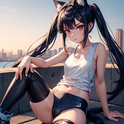 A girl with dark blue hair, cat ears and a tail, wearing a tank top and racing pants.　Loli body type　Spreading legs　Twin tails