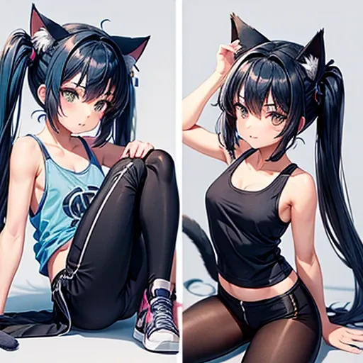 A girl with dark blue hair, cat ears and a tail, wearing a tank top and racing pants.　Loli body type　Spreading legs　Twin tails