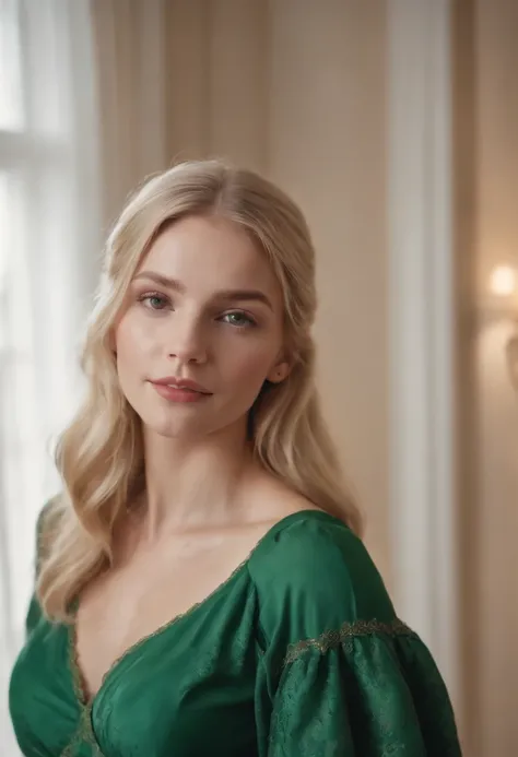 a blonde girl in a living room in  a green dress