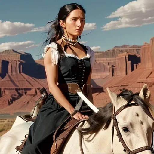 woman tan brown skin long straight black hair, long hooked nose, native american, indian, hispanic in white dress riding a black horse in front of a rocky mountain, in the show westworld, cinematic still in westworld, westworld style, cinematic still of we...