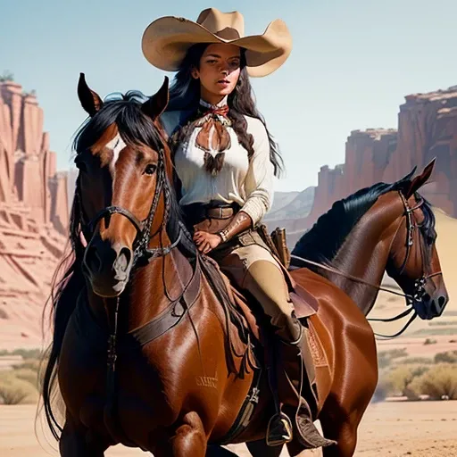 woman tan brown skin long straight hair, long hooked nose, native american, indian, hispanic there is a woman that is sitting on a horse with a gun, polo uniform stick in the show westworld, cinematic still in westworld, westworld style, cinematic still of...