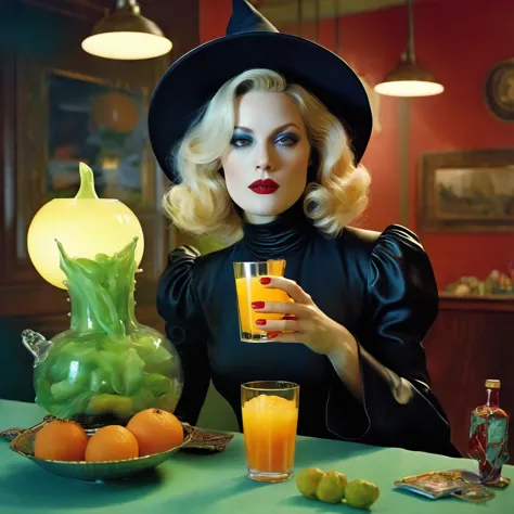 miles aldridge art, hyperrealistic panoramic concept art, witch characterized by burnout, impostor syndrome, holding a drink, ut...