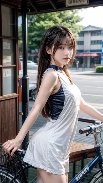 there is a woman that is standing next to a bicycle, The photo is by Shitao, tumbler, shin hanga, cycling!!, Kantai Collection Style, Rorish, from yowamushi pedal, bicycleに乗って, Ayaka Cosplay, Gweitz, Girls Cosplay, bicycle, rei hiroe, 2b ..., 2b