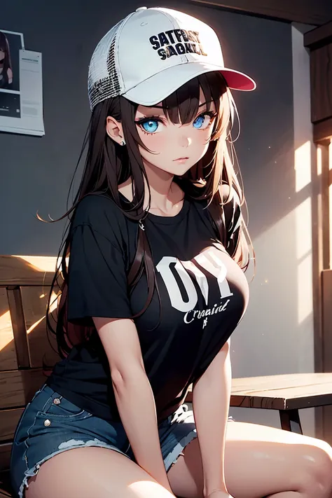  ((1 girl)),Rough poses, (Sit down and raise your knees), Droopy eyes, (Punk fashion), (Oversized T-shirt),Shorts, Trucker Cap, warm, Black Fashion , , デニムShorts, Big Breasts, Cowboy Shot,((Very detailed,highest quality, High resolution, Apathy, 8k wallpap...