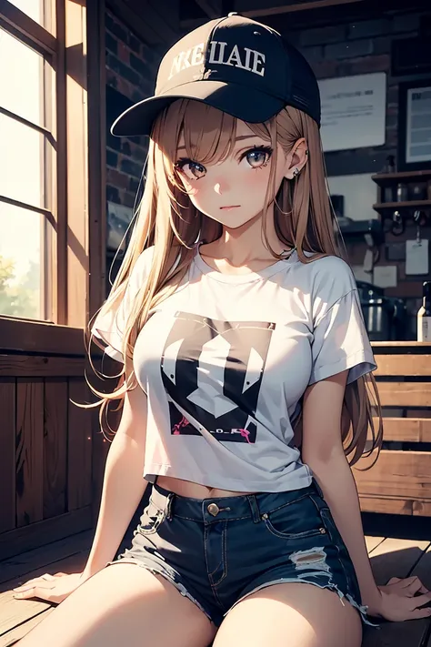  ((1 girl)),Rough poses, (Sit down and raise your knees), Droopy eyes, (Punk fashion), (Oversized T-shirt),Shorts, Trucker Cap, warm, Black Fashion , , デニムShorts, Big Breasts, Cowboy Shot,((Very detailed,highest quality, High resolution, Apathy, 8k wallpap...