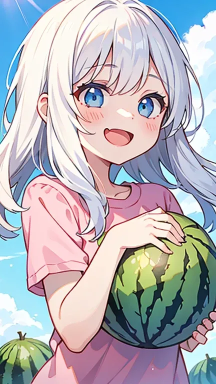 A girl laughing with watermelon on her hands. Summer. Blue sky.  White hair , pink shirt , pink shirt. 