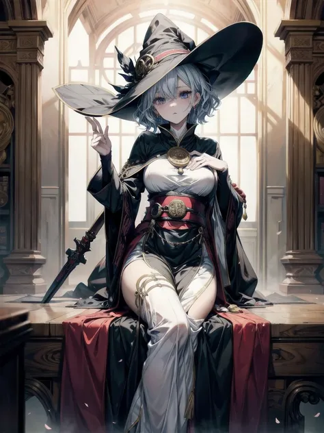 Wide Angle, Anime character, arcane books and scrolls, a grand fireplace, traditional witch outfit, hat, absurdres, RAW photo, extremely delicate and beautiful, masterpiece, Best Quality, ultra high resolution, 32k, hyperrealistic, ultra-detailed, perfect ...