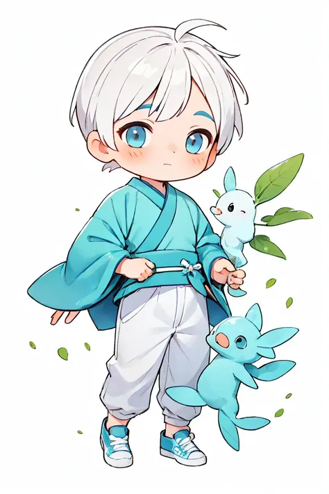 best quality, shouhui,(1boy:1.3),hanfu, chibi, White-haired boy wearing a cyan shirt and white pants with cyan sneakers, with an axolotl on his shoulder white background.