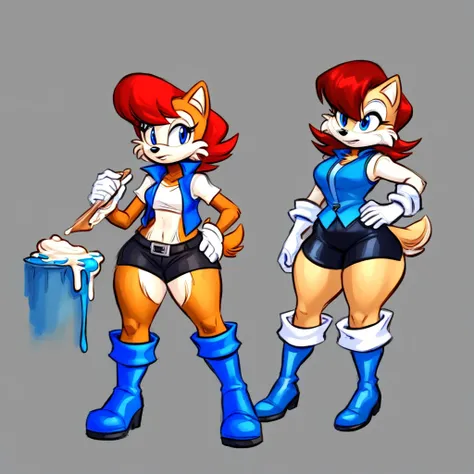 anthro  sally sally acorn from Sonic Satam, (((wearing a blue vest,))) ((black midsection,)) wearing black shorts, thick thighs, ((blue boots,)) white trim, ((darker brown fur,)) wearing white gloves, (((cream colored face,))) blue eyes, ((red hair,))