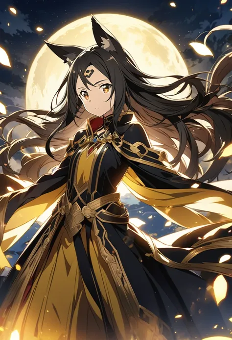 Sawada Nana (Sword Art Online), very long black hair, glowing gold eyes:1.2, shinigami costume, bangs, expressionless, Fox ears, ((ultra-detailed)), ((illustration)), (flowing hair)), (beautiful detailed eyes), female, 1girl, ((moon)), looking at viewer