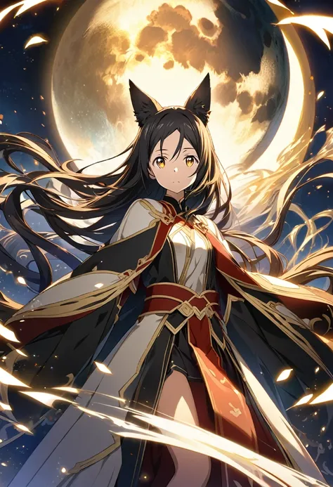 Sawada Nana (Sword Art Online), very long black hair, glowing gold eyes:1.2, shinigami costume, bangs, expressionless, Fox ears, ((ultra-detailed)), ((illustration)), (flowing hair)), (beautiful detailed eyes), female, 1girl, ((moon)), looking at viewer