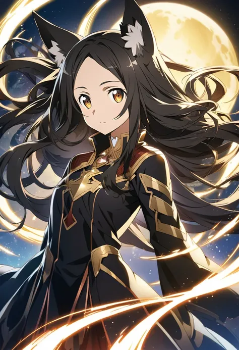 Sawada Nana (Sword Art Online), very long black hair, glowing gold eyes:1.2, shinigami costume, bangs, expressionless, Fox ears, ((ultra-detailed)), ((illustration)), (flowing hair)), (beautiful detailed eyes), female, 1girl, ((moon)), looking at viewer