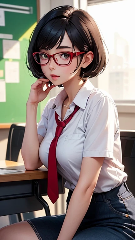 a beautiful anime girl with short Black hair, detailed face, detailed, extremely detailed, wearing pretty glasses, red cheeks, high school girl, high , looking at viewer, in a classroom, 