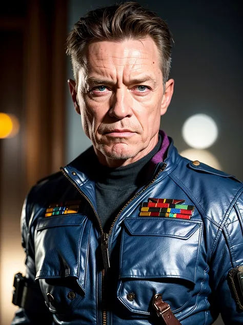 (best quality, masterpiece, highest detailed), (photorealistic:1.2), raw photo, professional portrait, Robert Patrick, terminator, in police uniform,  (vibrant color), (intricate details), exposure blend, bokeh, dim light, (  hdr:1.4 ), high contrast, (mut...