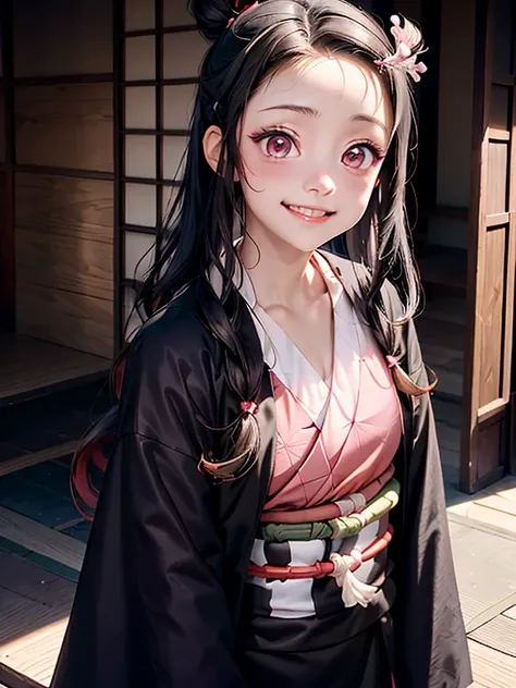 estilo kimetsu no yaiba, 1 chica, solo, sonrisa, Ojos rosados, pupilas blancas en forma de flores., pelo negro, hair pulled back into a bun, Sujetado con un perno,  kimono rosa, Obi Belt,  ((obra maestra)), ((retratos de un)), nevando, Deriva, cielo oscuro...