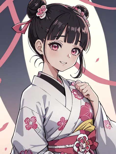 estilo kimetsu no yaiba, 1 chica, solo, sonrisa, Ojos rosados, pupilas blancas en forma de flores., pelo negro, hair pulled back into a bun, Sujetado con un perno,  kimono rosa, Obi Belt,  ((obra maestra)), ((retratos de un)), nevando, Deriva, cielo oscuro...