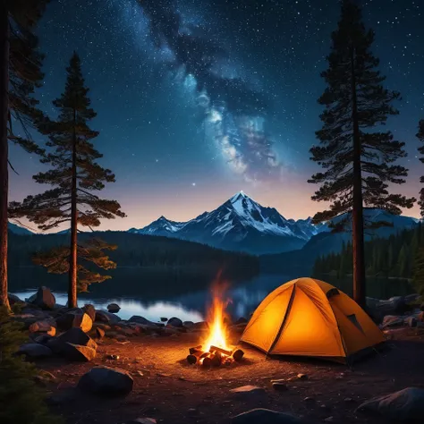 a serene outdoor camping scene, 1 person camping in a forest, tent, campfire, pine trees, starry night sky, mountains in the dis...