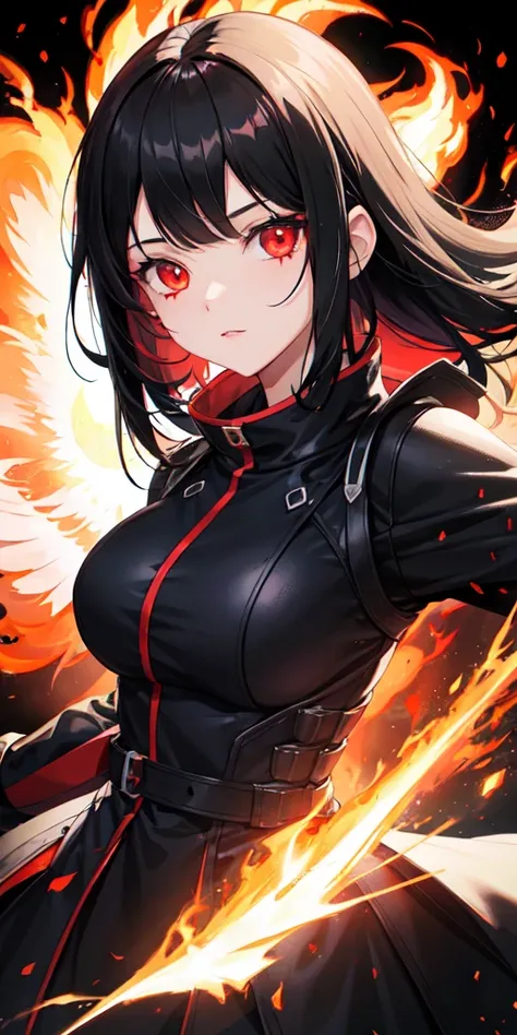 1girl, black hair, red eyes, fire witch, blood, light particles, light rays, wallpaper, high contrast, colorful,