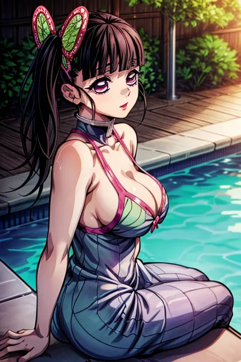 a woman with a very large breasts in a tight dress by a swimming pool, 1girl, breasts, pool, solo, cleavage, long hair, dress, poolside, looking at viewer, leaning forward, lips, KanaoDef purple eyes, black hair, long hair, blunt bangs, bangs, hair ornamen...