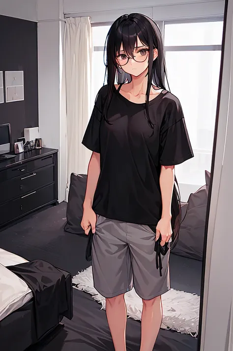 black short pajama pants, grey loose pajama t-shirt, long black hair, brown eyes, sad expression, tanned skin, glasses, inside her bedroom, dark circles under the eyes