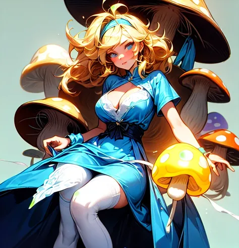 A beautiful T-shirt design of a gorgeous 20 year old blonde woman with big messy hair in a blue dress, white stockings, black headband, cleavage, holding a glowing mushroom, fantasy art style, highest quality, masterpiece, 8k, 超A high resolution, beautiful...