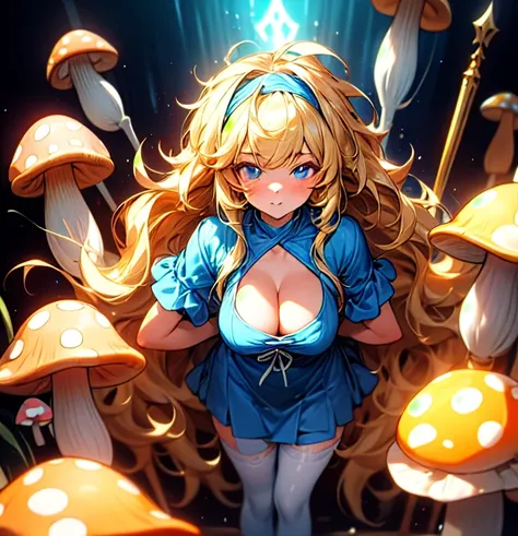 A beautiful T-shirt design of a gorgeous 20 year old blonde woman with big messy hair in a blue dress, white stockings, black headband, cleavage, holding a glowing mushroom, fantasy art style, highest quality, masterpiece, 8k, 超A high resolution, beautiful...