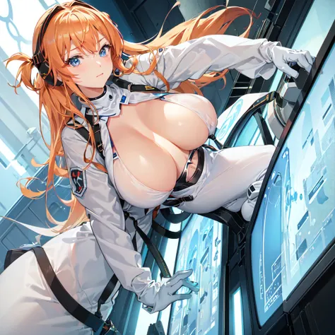 (massive boobs) (massive breasts) (Overhead view),dynamic angle,ultra-detailed, illustration, close-up, straight on, 1girl, 
 ((souryuu asuka langley, interface headset, red bodysuit:1.4, blonde)),Her eyes shone like dreamy stars,(glowing eyes:1.233),(beau...