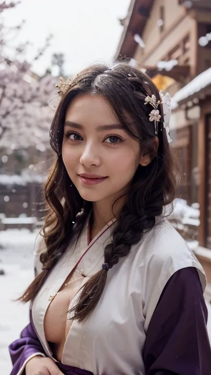 Bright purple Taoist robe, no bra, no top, Hanfu long skirt, big eyes, masterpiece absolute beauty, 1 woman, close-up. Close-up, healing smile, snow scene, 4K picture quality, twisted braid, princess hairstyle princess cut, simple hair accessories, plum bl...