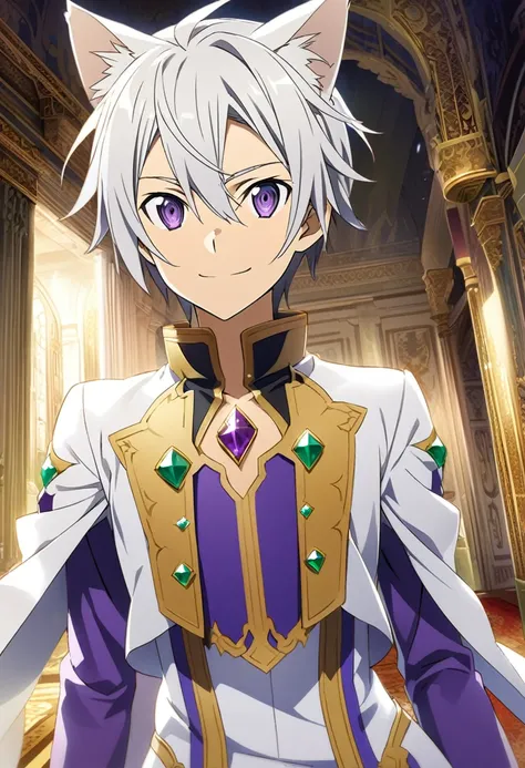 Hyakuya Yuuichiro (Sword Art Online), short silvery white hair, bejeweled purple eyes:1.2, Prince costume, bangs, smiling gently, cat ears, ((ultra-detailed)), ((illustration)), (neat hair)), (beautiful detailed eyes), male, 1boy, ((palace hallway)), looki...