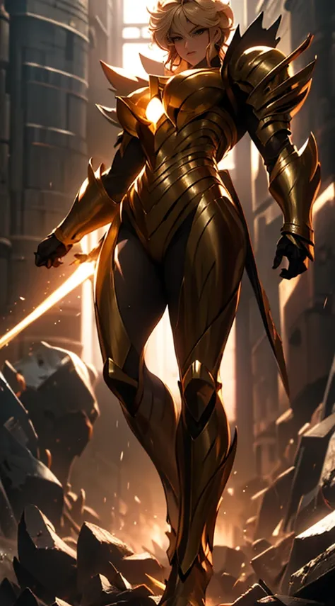 Ultra-high saturation, (tmasterpiece), full body photo, (best quality), (1girll), starry background, wearing shiny gold armor, cool pose, Saint Seiya armor, messy hair, high detail, anime style, lighting cinematic, brightness, divine light, Ray traching, f...