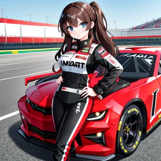 A female NASCAR driver, standing with her (Camaro Nascar with a Red and Black color scheme) behind her. She has (Long Dark-Brown Hair), (Big Beautiful Blue Eyes), super wide hips, and very big breasts. She’s holding her hip with her left hand, and raising ...