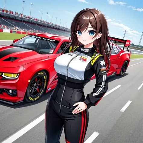 A female NASCAR driver, standing with her (Camaro Nascar with a Red and Black color scheme) behind her. She has (Long Dark-Brown Hair), (Big Beautiful Blue Eyes), huge wide hips, and big breasts. She’s holding her hip with her left hand, and raising her ri...