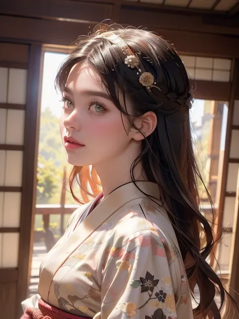 (highest quality、8k、32k、masterpiece)、(masterpiece,up to date,Exceptional:1.2), anime,One girl,Front hair,black_hair, Beautiful 8k eyes,Looking_in_Audience,One person in,Are standing,((Very beautiful woman, Fuller lips, Japanese pintern kimono))、((Colorful ...