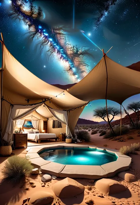 desert oasis shelter, in the vast and boundless desert, an oasis has become a paradise for campers. beside the cool spring water...